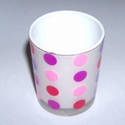 Pahar din sticla cu bulinute rosii, roz si mov