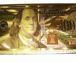 Plic auriu, aspect metalizat, cu bancnota 100 dolari